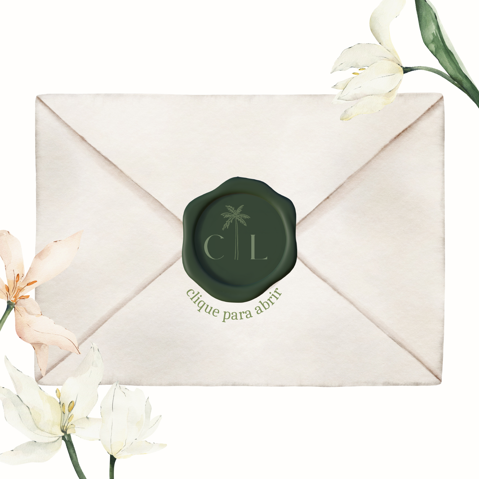 Envelope do convite de casamento Camila e Luan com selo clique para abrir